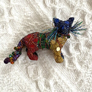 Whimsical Colorful Cat Brooch Pin Rainbow Sequin Wire Wrapped Folk Art Jewelry